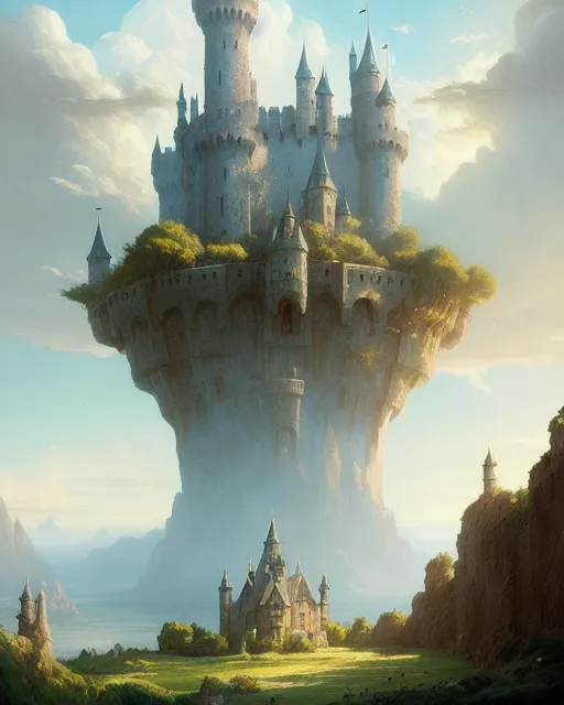 Castle in the sky, fantasy art, greg rutkowski, hyperrealism, beautiful, serene, hyperdetailed