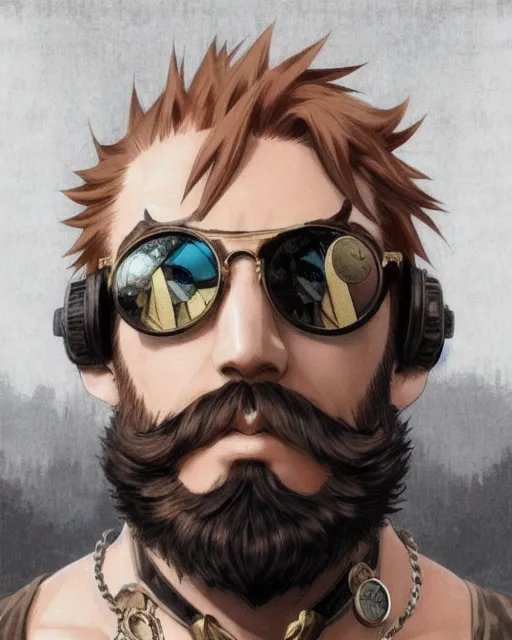Lexica - anime boy with messy hair and full beard wearing steampunk goggles