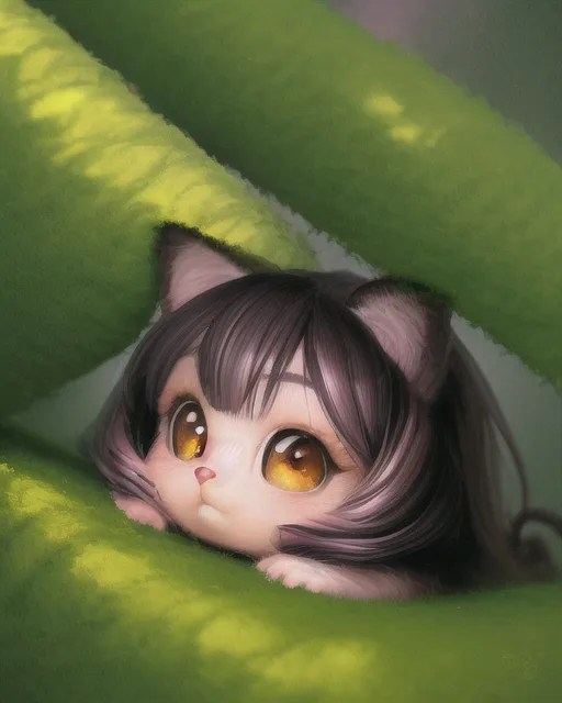 Close-up portrait, furry creature, big eyes, Chibi kawaii, oil painting, thick strokes, octane rendering, 3d, exquisitely detailed portrait of cute little baby kitty, in raspberry bushes, edge lighting, backlighting, detailed face, kids story book style, muted colors, watercolor style