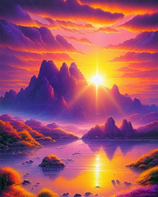 Sunrise ,  realistic and natural,  detailed full-color,  hd photography,  fantasy by john stephens,  galen rowell,  david muench,  james mccarthy,  hirō isono,  magical,  detailed,  gloss, fantasy art, galactic, beautiful, colorful, vibrant