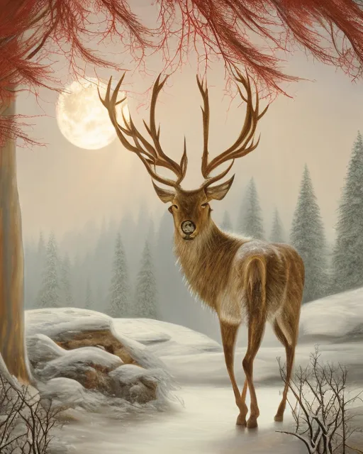 Create an Enchanting Winter Wonderland with a Full Moon. A Silver Stag stands Quietly next to a great Red Wood Tree while the moonlight beams through the Forest revealing a path within the snowy forest floor which leads you towards a frozen lake and a beautifully Constructed Cabin illuminated with firelight coming from the fireplace 8k resolution, Concept Art, Hyperrealism, oil on canvas, realistic, felix kelly, trending on artstation, concept art, peter mohrbacher, beautiful, hyperdetailed, landscape, eldritch, ivan shishkin, mixed media