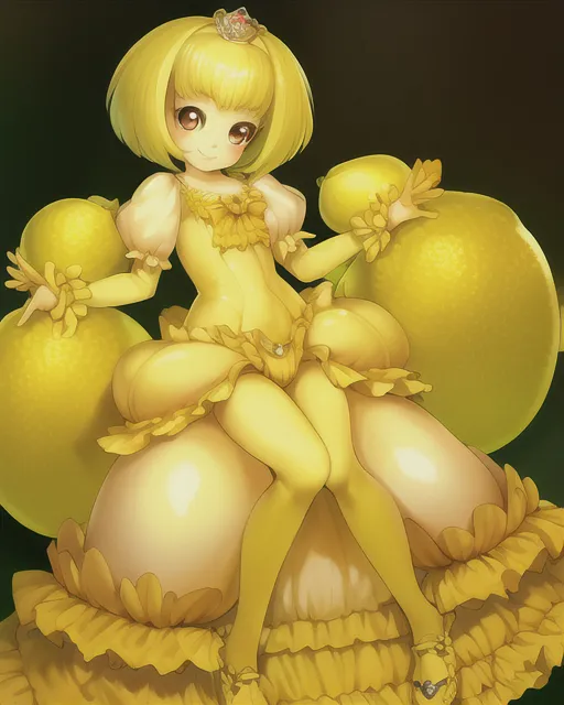 Lemon princess, full body, hyperrealistic, big eyes, short hair , smile, cute, kawaii 