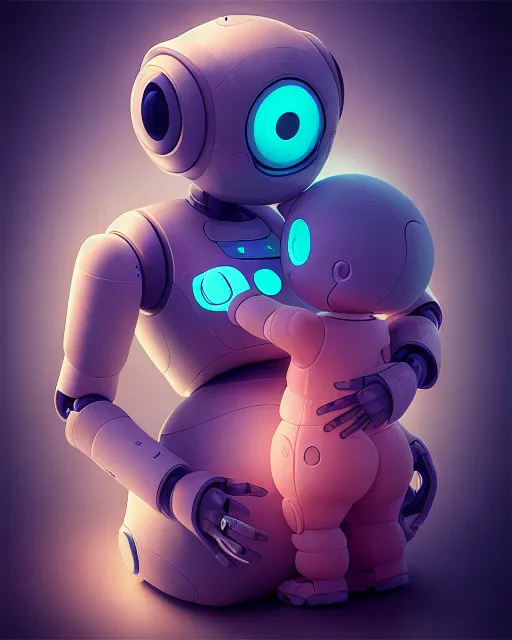 Pregnant robot mother showing baby robot in stomach fetal position sleeping, long shot, slow shutter speed, backlit, camera obscura, octane 3d, octane render, concept art