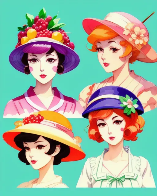 ladies wearing detailed fruit hats, extremely detailed, vibrant, anime face, sharp focus, character design, wlop, artgerm, kuvshinov, character design, unreal engine, watercolor, retro, pastels, expressionism, octane 3d, 2d vector illustration portrait,  beautiful,  vibrant,  digital art, vintage photography,  beautiful,  tumblr aesthetic,  retro vintage style,  hd photography,  hyperrealism, graphite pencil drawing,  realistic,  natural,  b&w illustration,  fine art