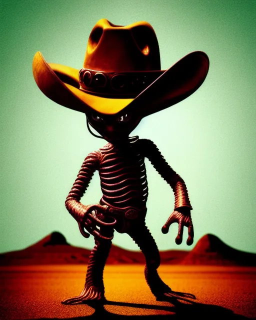 Alien wearing cowboy hat leaving - Free AI Photo Generator - starryai