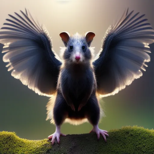 The highest/resolution/detail/definition cgi animated image of cute hybrid mammal bird creature metamorphosing. Sharp focus highest detail and persuasion with shadow texture and lighting, soft fur,feathers, wings, mid-transformation, stunning cgi, cinematic, use biological information for anatomy and structure of transformation, dramatic metamorphosis, high contrast and structure, high sharpness and clear, highest pixal count, masterpiece, background a dark deep woods, bright happy colours, sharp contrast. Industrial Light & Magic