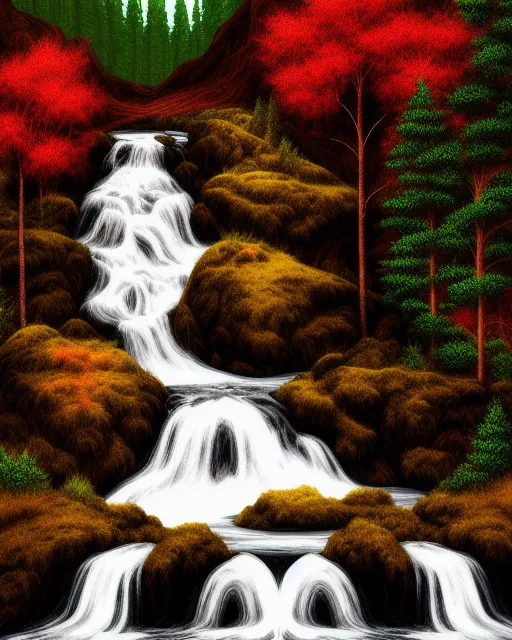 Twin Peaks waterfall, digital painting,  digital illustration,  extreme detail,  digital art,  4k,  ultra hd