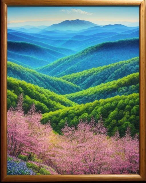 Beautiful Appalachian mountains in Spring,full color, beautiful, various trees,and wild flowers, Ariel view , exquisite detail, extreme focus,high contrast, Early morning,natural light ,natural reflections of light,natural shadows of mountains trees and wild flowers,perfection of God's Beauty, Master Render, Masterfully detailed, masterpiece; signature (by WolfTokenart)