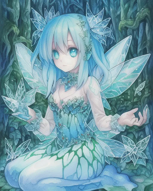 Cute glass fairy in a forest, detailed, hyperdetailed eyes, beautiful, ice, glass butterfly, watercolor