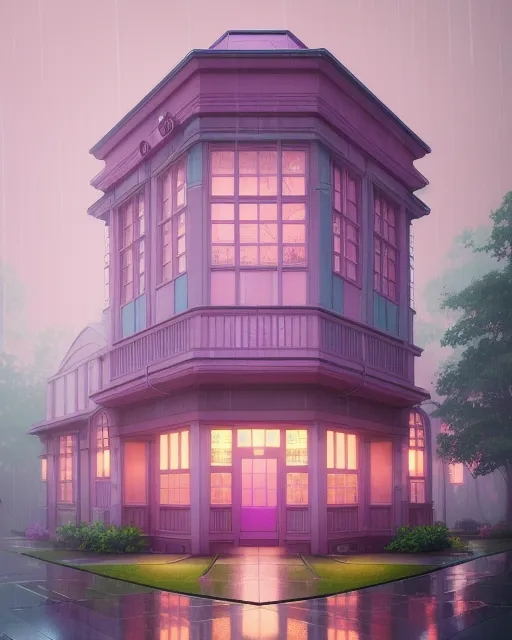 Library building, rainy day, soft colors, pastel colors, pink, blue, purple, outer space, vegetation, cyberpunk, unreal 5 render, tim hildebrandt, digital art, octane render, beautiful composition, trending on artstation, masterpiece, complex, detailed, photorealistic