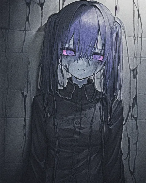 /gen_l method:3, steps:30, dark blue hair, {very black eyes}, {{{gloomy atmosphere}}}, scary picture, destroyed wall, {{tile, black and white}}, {{fog}}, {{{{the wall is leaking neon purple liquid}}}}, {{dark atmosphere}}, {{{the body crumbles}}}, {{{graffiti}}}, {pigtails}, rain, {{blood on the ground}}, {{{{neon text on the wall}}}}, {{fire}}, {{{portal to hell}}}, {{{eyes close-up}}},