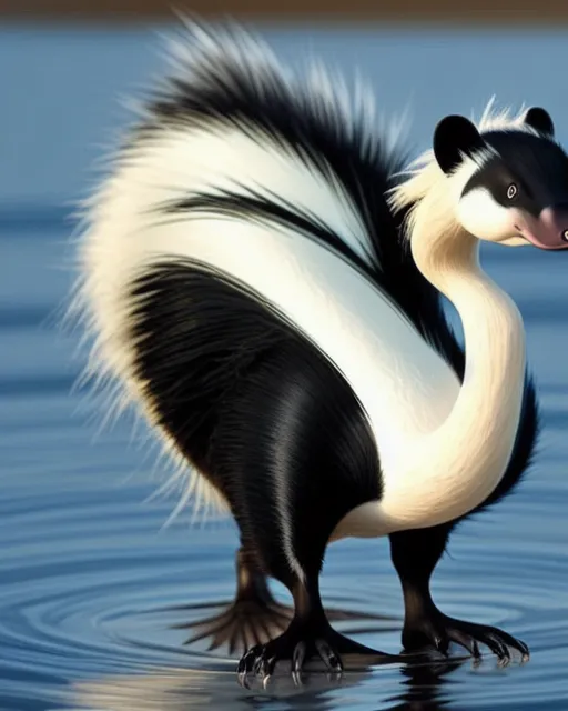 A hybrid between a skunk and a swan , a skunk and a swan as one animal 