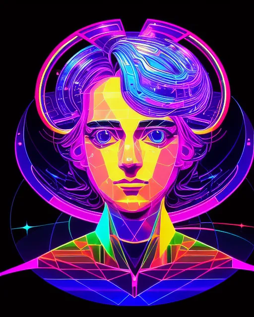 , 2d vector illustration portrait,  beautiful,  vibrant,  digital art, beautiful, bismuth, glowing neon, holographic, space, akihito yoshida, romanticism, renaissance painting, anime