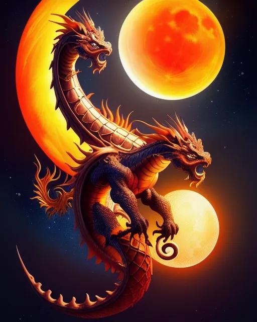 Chinese dragon holding the moon and the sun flowing through the galaxies, by Johan Grenier, fantasy art, concept art, trending on artstation