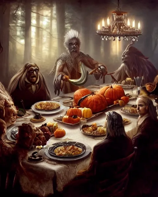A thanksgiving dinner, a oak table with bountiful harvest. Dark shadows line the seats surrounding the table. Shadow creatures are seated at the table. Gaunt men with pale skin and large eyes., Anna Dittmann. Darkness looming monsters 