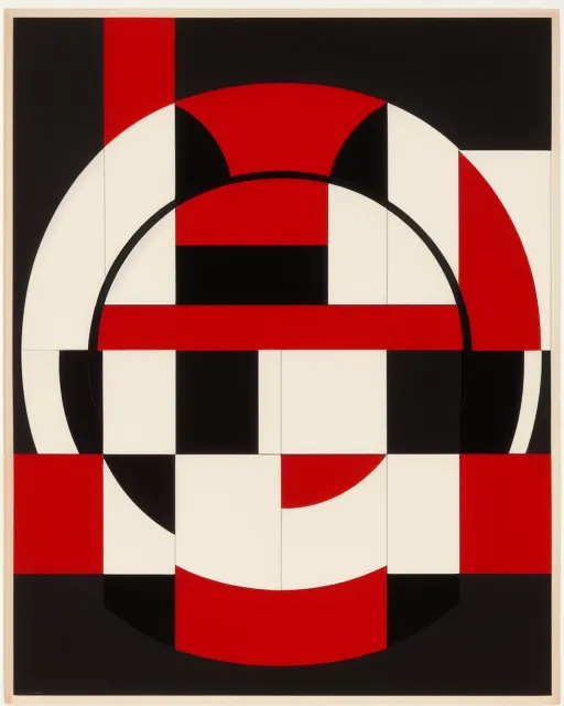 abstract constructivist art in the style of El Lissitsky and Alexander Rodchenko, featuring circles, lines, and squares, with a color scheme of black, red, and cream.