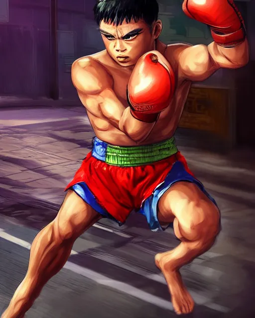 One Thai boxer, kicking to the side, street fighter computer game style, thai writing saying good luck at the top or bottom, , anime character,  detailed,  vibrant,  anime face,  sharp focus,  character design,  wlop,  artgerm,  kuvshinov,  character design,  unreal engine, character in centre 