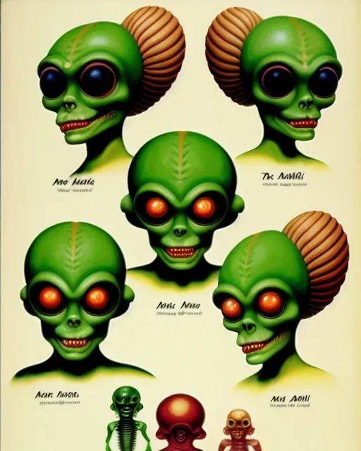 Aerial scientific painting of the different types of aliens from mars attacks 1996 movie by Maria Sybilla Merian 