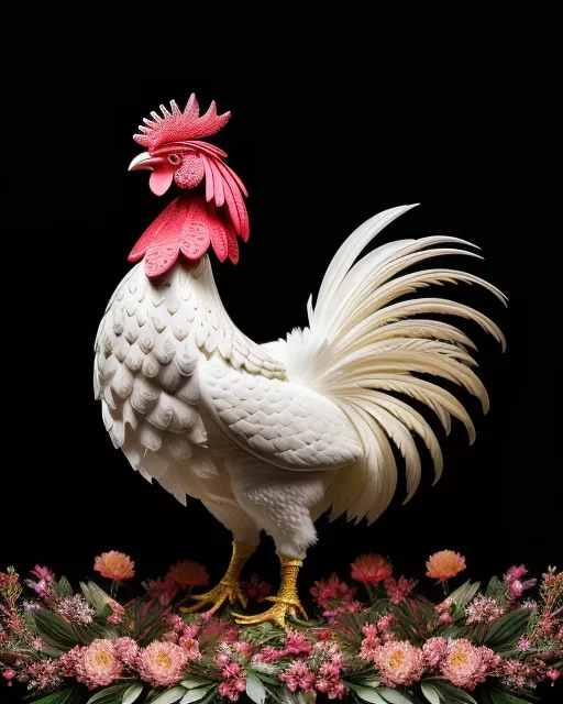 Gorgeous intricate winter spring rooster made of ornate flowers and feathers, adorable, whisping steam, finely detailed, intricate design masterpiece, dramatic lighting, beautiful, hyperrealistic, masterpiece, artstation, by Rachel ruysch, Android Jones, James Jean, Willem Claesz. hyperdetailed intricately detailed, triadic colors, Unreal Engine 5 volumetric lighting
