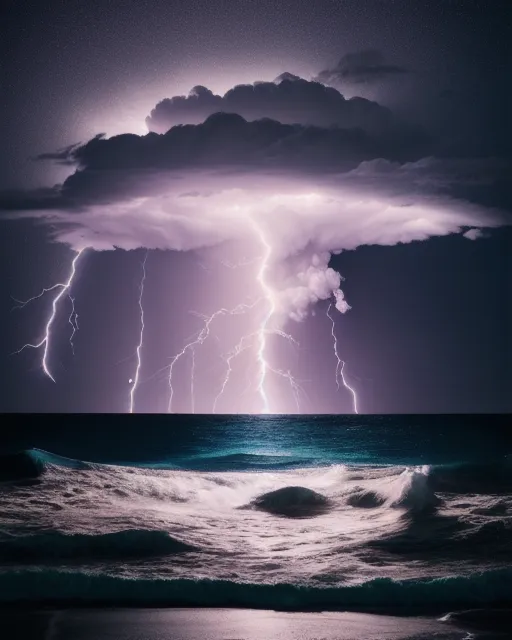 ￼ a giant lightning storm￼￼ over the ocean, Night￼￼