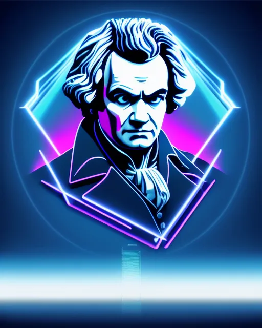 Beethoven (slightly cross-eyed!) in a Tron landscape                                      photographic, realism, neon, vapourwave 