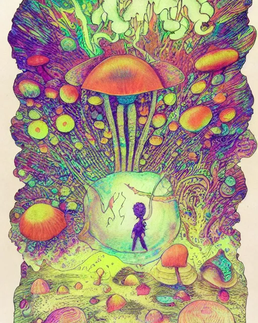 , psychedelic, colorful, cosmic, synesthesia, iridescent, whimsical, wanda gág, ralph steadman, mushrooms, 5th dimension, deviantart, child’s drawing, mixed media, psilocybin, little folk, john kenn mortensen, astral