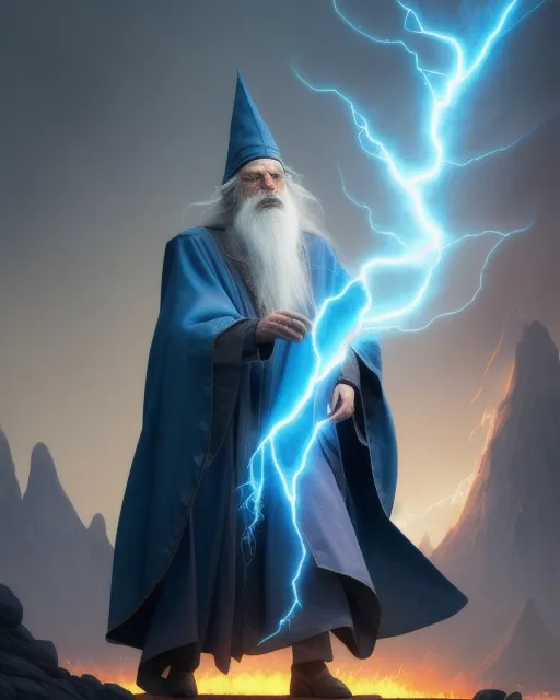 Wizard with electricity coming out of his hands, wizard hat, wizard cloak, lightning, blue electricity, wind blowing, dark background, long white beard flowing, long white hair, earth rumbling, earthquake, volcano, lava, 
