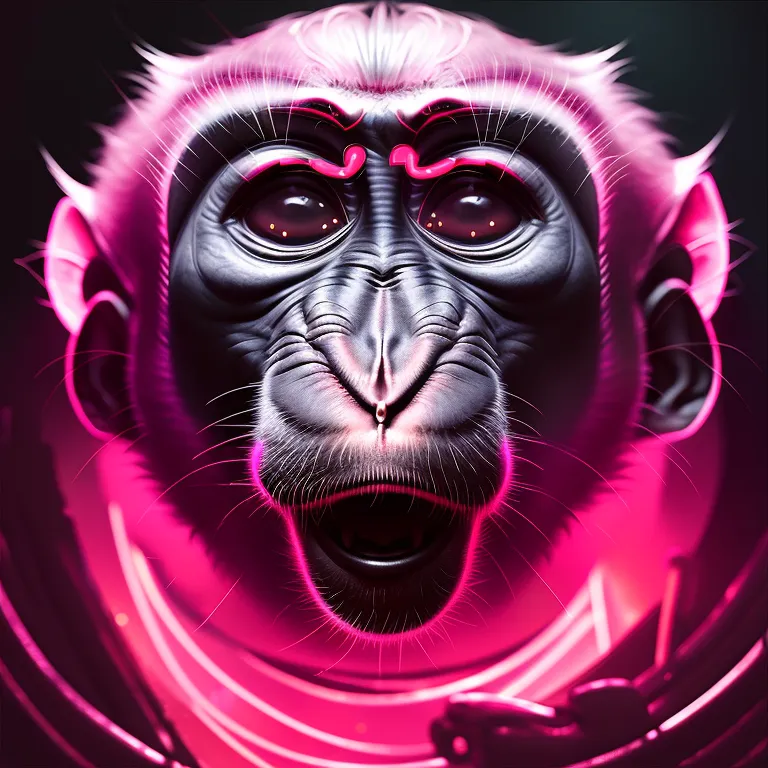 Centered portrait of menacing macaque in dark space, sneer, mohawk, piercing, tattoo, neon glow, cosmic splash paint, darkness, 8k, 3d, ethereal, karol bak, wlop, yanjun cheng, detailed, hyperdetailed, trending on artstation, hyperrealism, , extreme close-up