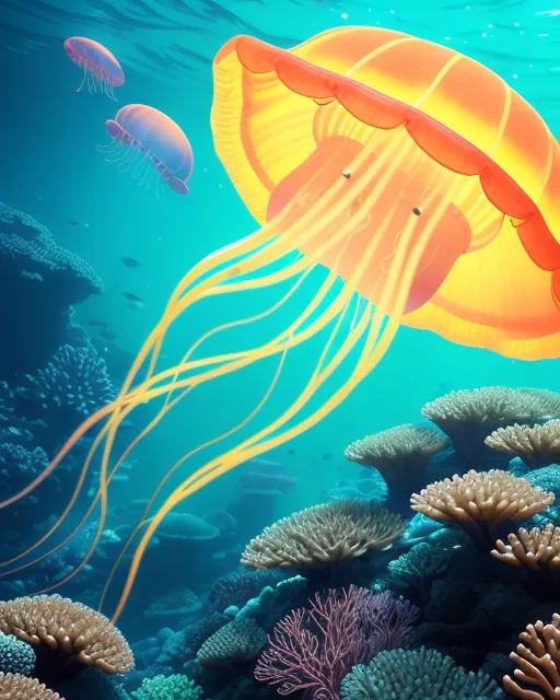 Glowing Jellyfish Ocean, Coral - Free AI Photo Generator - starryai