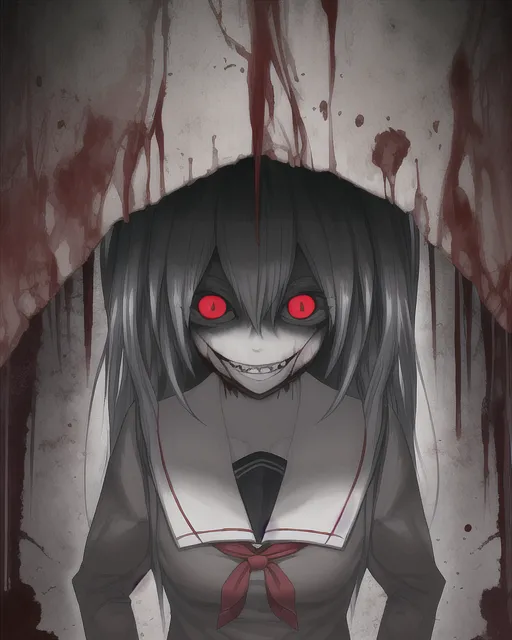 High quality artwork, very detailed, anime artwork, 4K resolution, yandere, anime girl, psychopath, school setting, dark atmosphere, horror artwork, tan skin, school uniform, wide eyes, scary grin, blood