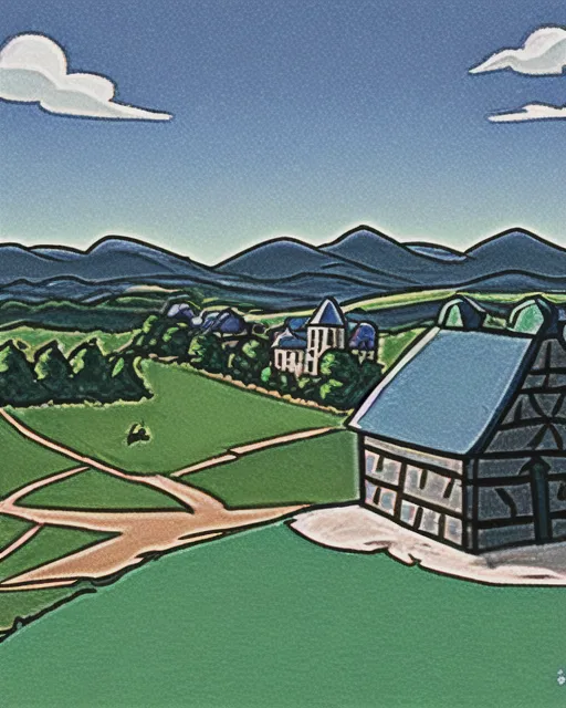 European Feudal village; rock wall; blue skies; green grass; small castle in the distance; cartoon with black outlines. 