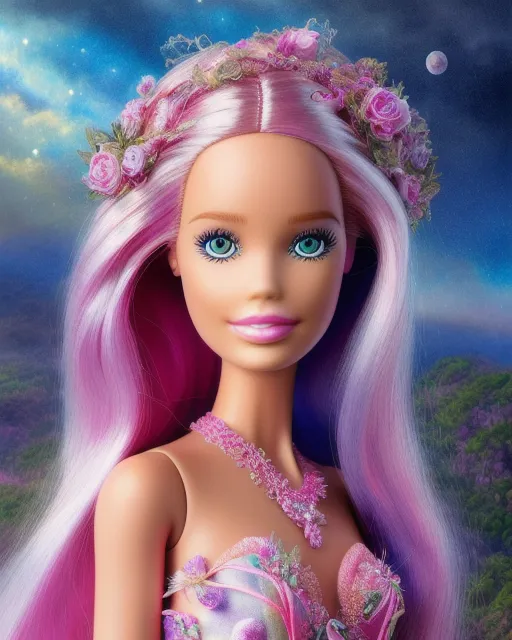 A Barbie girl in a Barbie world, enchanted, exaggerated features, entangled, concept, digital painting,  digital illustration,  extreme detail,  digital art,  4k,  ultra hd, beautiful fantasy landscape,  realistic and natural,  cosmic sky,  detailed full-color,  nature,  hd photography,  fantasy by john stephens,  galen rowell,  david muench,  james mccarthy,  hirō isono,  realistic surrealism,  elements by nasa,  magical,  detailed,  alien plants,  gloss,  hyperrealism, beautiful d&d character portrait,  colorful fantasy,  detailed,  realistic face,  digital portrait