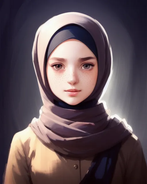a character portrait [by Artgerm and WLOP and Greg Rutkowski and Ilya Kuvshinov], beautiful young woman with hijab, princess outfit, hard freckles, intricate design, finely detailed, matte oil painting, backlighting!!!, dynamic lighting, volumetric lighting, beautiful, cute, teen,  chiaroscuro!!!