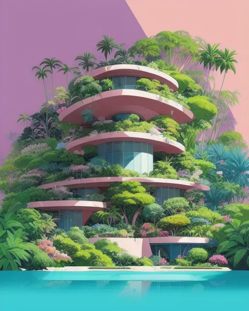 rising modern architecture, lush overgrowth, elevation, a mystical pink pond garden, shrubs, tropical plants, magical, serene atmosphere hypermaximalist, cel-shading, cinematic, soft illumination, edge-to-edge print, by Studio Ghibli, Andreas Rocha, Neil Blevins, Nausicaa, ArtGerm