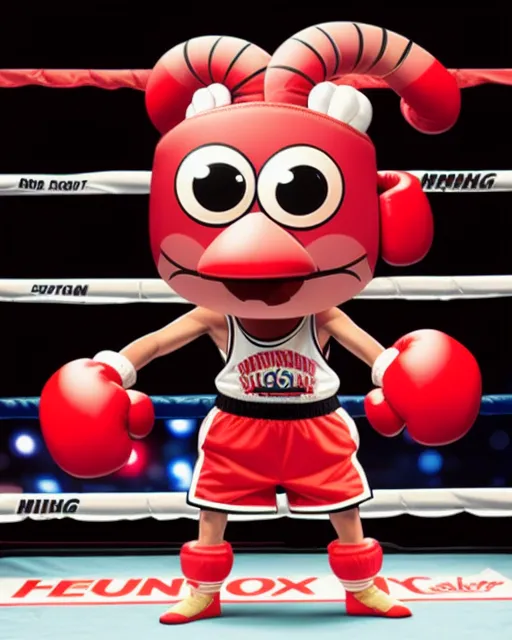 Anthropomorphic shrimp wearing boxing gloves, shorts