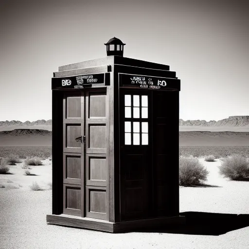 Tardis, the wild west,  western ghost town, black and white photo,  beautiful,  natural,  realistic,  vintage black and white photography,  ultra hd