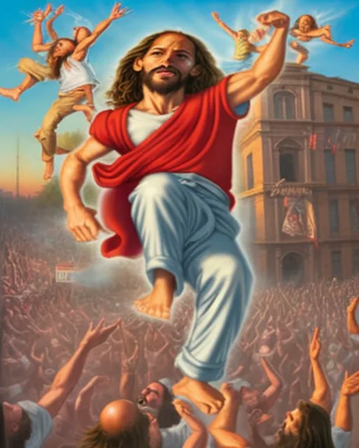 Jesus Christ and his apostles aggressively slam-dancing in a mosh pit with ancient Roman soldiers