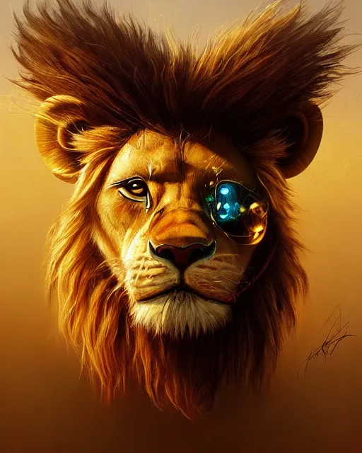 Cyber punk lion king, trending on artstation, digital painting, cinema 4d, beautiful, golden hour, karol bak