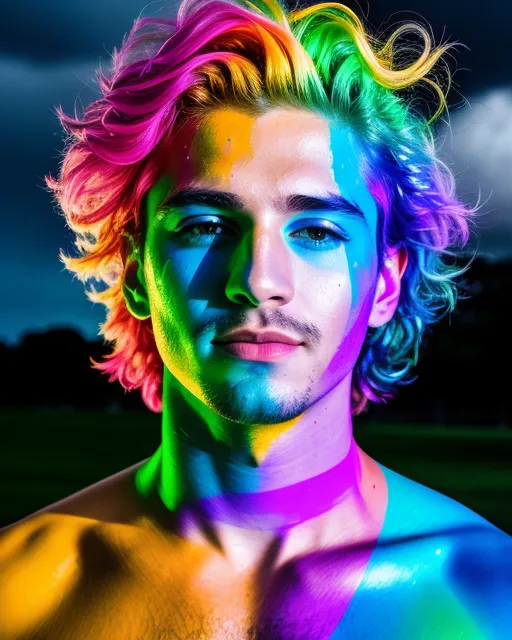 Rainbow streaks painted across the face of a beautiful man. Clouds burst in the background, otherworldly. Lights and shadows create depth. 