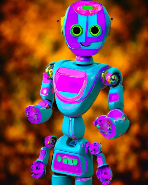 A robot holding a flower sad and lonley, beautiful, colorful, hyperrealism, sunny, astral