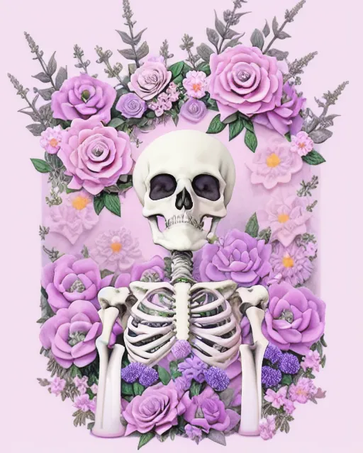 Pastel goth skeleton surrounded by pastel flowers greenery and candles, pastel colors, intricate designs on candles, intricate and detailed flowers, realistic and detailed bone skeleton, gothic, digital painting,  digital illustration,  extreme detail,  digital art,  4k,  ultra hd, beautiful, serene, hyperdetailed, detailed, intricate, ominous, mysterious, photorealistic, photography