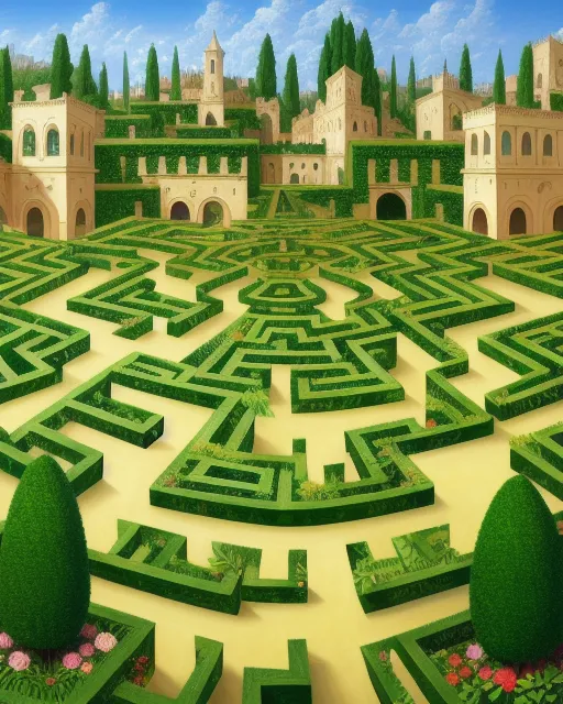 A fractal version of a garden maze, digital painting, extreme detail, 4k, ultra hd, matte painting, hyperdetailed, paolo uccello, oil on canvas, 