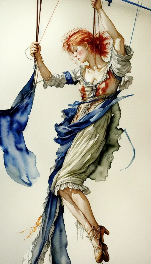 Damsel Dangling on the Threads of Fate as They are Tearing, watercolor & pen, charcoal sketch, hyperrealism, rococo, renaissance painting, abstract expressionism, surrealism