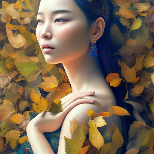 Profile portrait of an elaborate beautiful asian  ((woman made of leaves)) her long hair is made of leaves and  leaves are coming out of her body she has leaves on her hair and body, leaves floating around her  black yellow orange red 2d vector illustration portrait, beautiful sad woman, vibrant, digital art, radiant, detailed, intricate, thunderstorm, vibrant, flickering light, colorful art, Real, deep depth of field, colourful lighting, backlit, defined direction, high-key lighting, defined light source, alyssa monks, surrealism , abstract