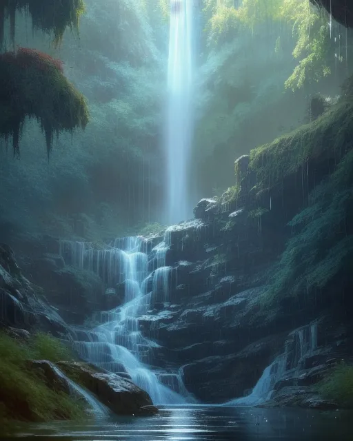 floating water fall over forests