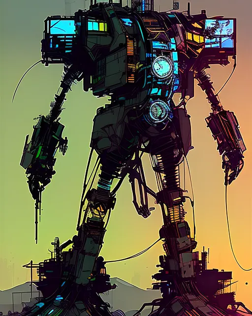 Ad hoc scrap heap mech suit made of salvaged parts from a wide variety of scrapped parts, futuristic poverty, cyberpunk dumpsite assembled mech