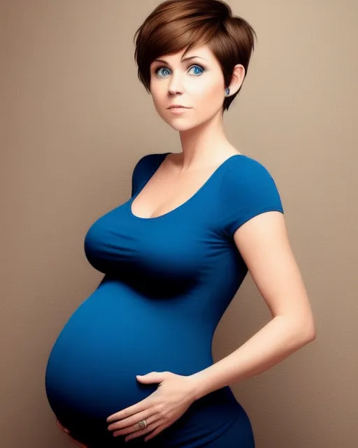 A pregnant woman with short brown hair in a pixie cut.  She has deep blue eyes.  She is wearing a skin tight blue outfit. 