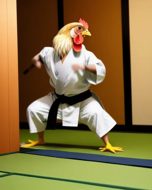 A chicken doing ninja moves in a Japanese dojo