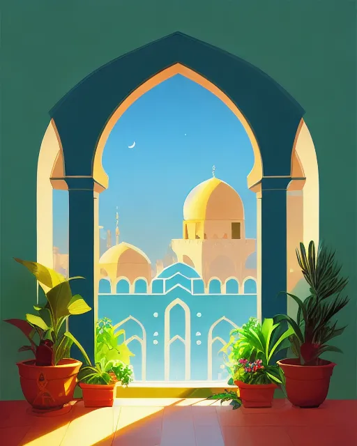 lush islamic arch windowsill with plants on it, looking out toward a solarpunk cityscape, vignette of islamic windowsill, detailed digital concept art by anton fadeev and marc simonetti, trending on artstation