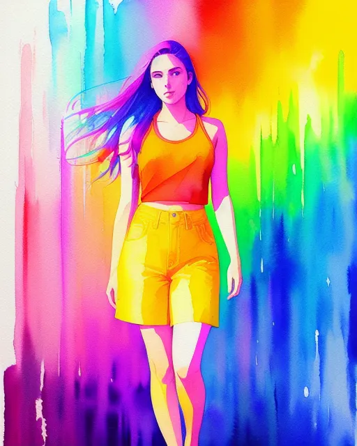 Full body image of a Beautiful divine young woman, rainbow features; painted by alena aenami, wlop,12k, watercolor and pen, Hyperrealism,  matte painting, digital vector illustration, vibrant, ethereal, highly detailed,